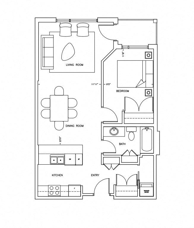 Floor plan for 1 bed, 1 bath, 800 sqft